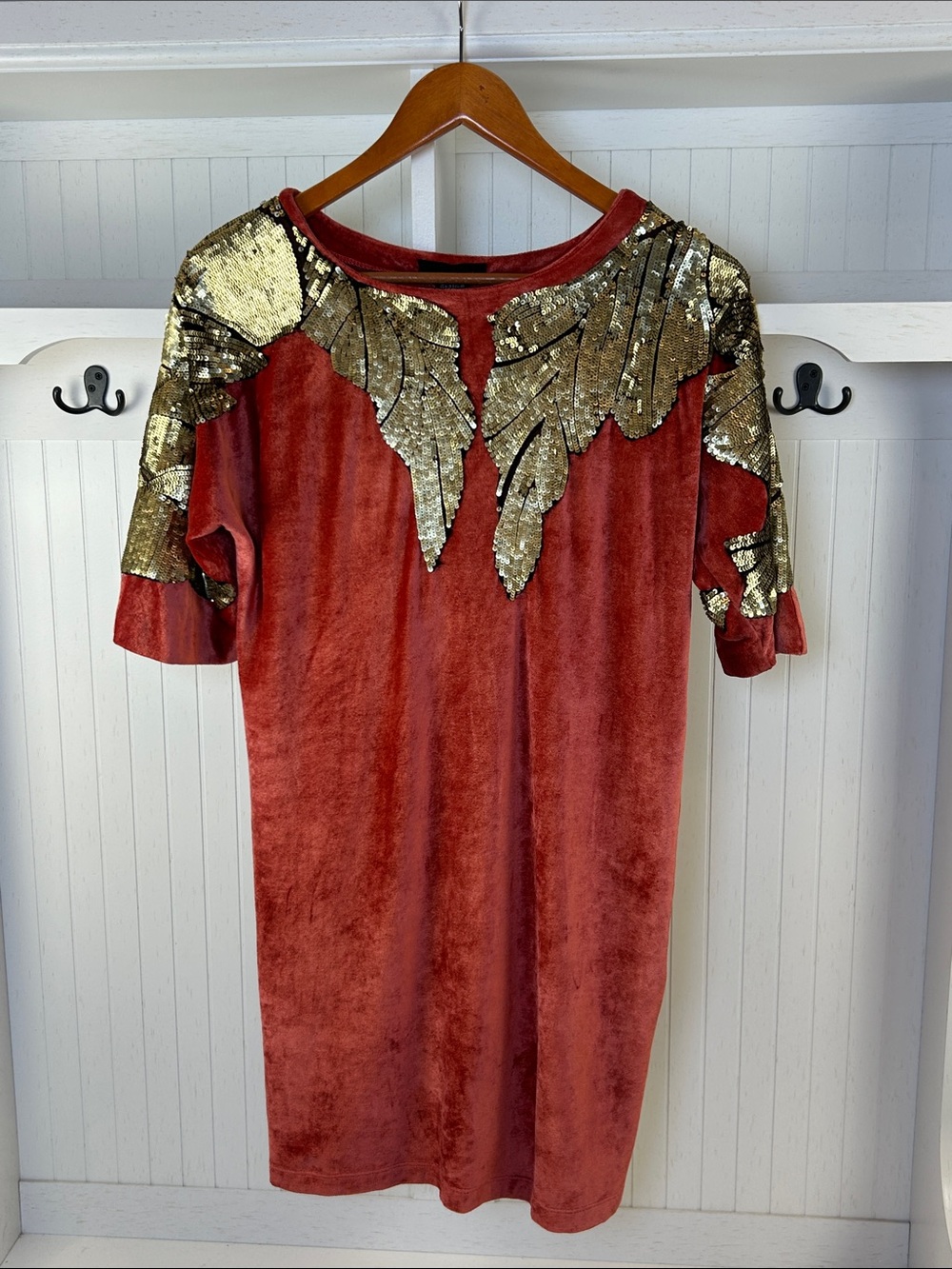 Vintage Gold Sequin Leaf Velvet Dress Amber Sakai Glam Art To Wear Sz 4